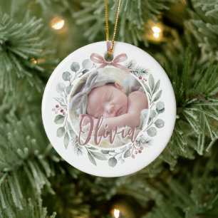 Baby First Christmas Photo Dusty Rose & Greenery Ceramic Ornament