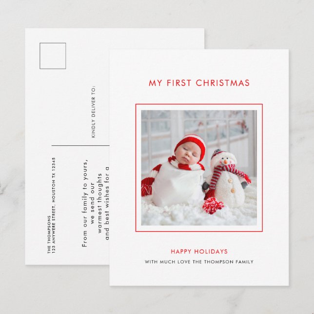 Baby First Christmas Photo Minimalist Holiday Postcard (Front/Back)
