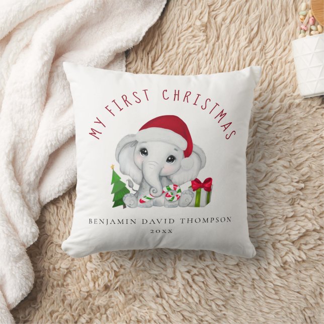 Baby First Christmas Photo Name Cute Elephant Throw Pillow (Blanket)
