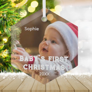 Baby First Christmas Photo Name Year  Glass Ornament