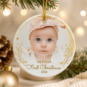 Baby First Christmas Photo Name Year Gold Ceramic Ornament