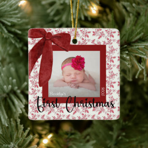 Baby First Christmas Photo Red Bow Ceramic Ornament