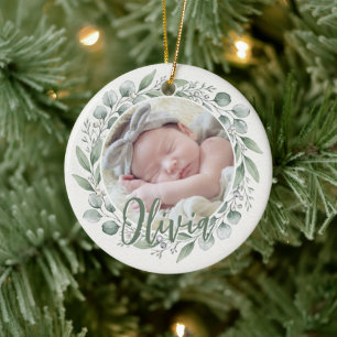 Baby First Christmas Photo Sage Eucalyptus Wreath Ceramic Ornament