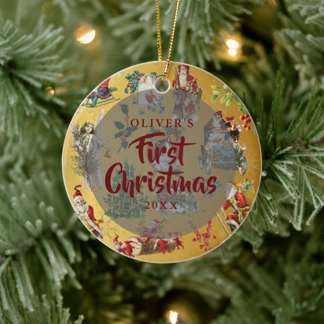 Baby First Christmas Photo Vintage Gold  Ceramic Ornament (Tree)