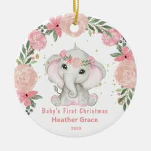Baby First Christmas Pink Elephant Personalized Ceramic Ornament