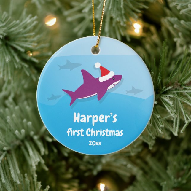 Baby First Christmas Purple Shark Ceramic Ornament (Tree)