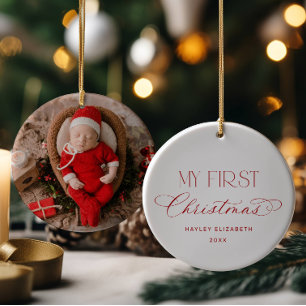 Baby First Christmas Red Photo Keepsake Ceramic Ornament