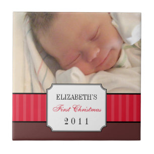 Baby first christmas red ribbon stripe keepsake tile