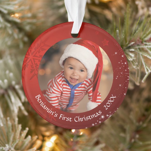 Baby First Christmas Red Snowflake 2 Photo Ornament (Tree)