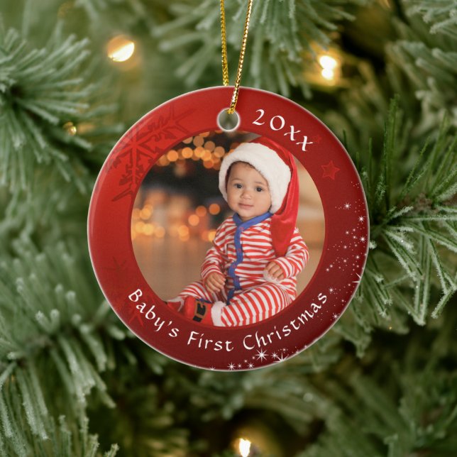 Baby First Christmas Red Snowflake Stars 2 Photos Ceramic Ornament (Tree)