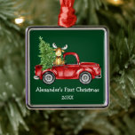 Baby First Christmas Red Truck Moose Green Metal Ornament<br><div class="desc">Baby's First Christmas Watercolor Vintage Red Truck with Tree and Baby Moose Green Ornament. Add Name.</div>