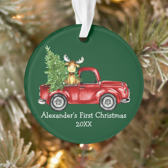 Baby First Christmas Red Truck Moose Green Ornament (Tree)