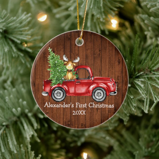 Baby First Christmas Red Truck Moose Rustic Round Ceramic Ornament (Tree)