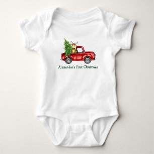 Baby First Christmas Red Truck Tree Moose Bodysuit