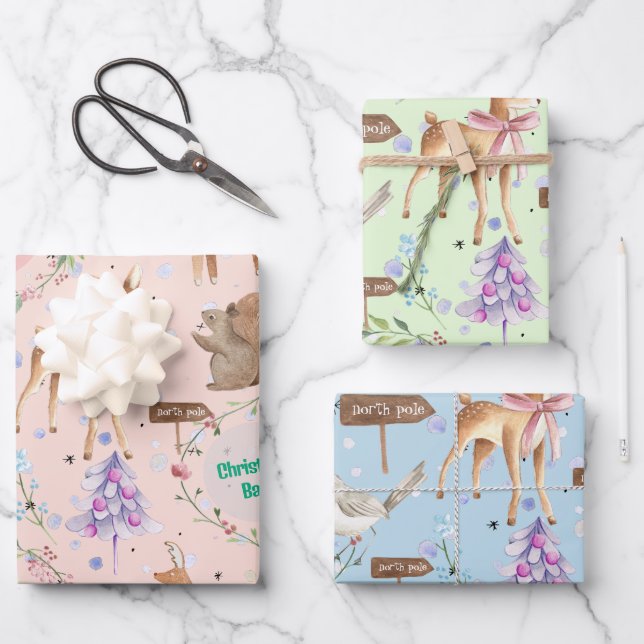 Baby First Christmas Reindeer Add Baby Name Wrapping Paper Sheet (Front)