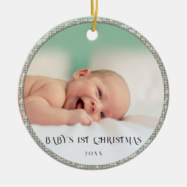 Baby First Christmas Rhinestones Frame Snowflakes Ceramic Ornament (Front)
