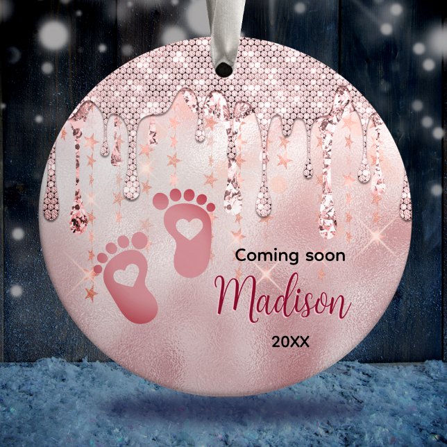 Baby first Christmas rose blush glitter drips Ceramic Ornament (Creator Uploaded)