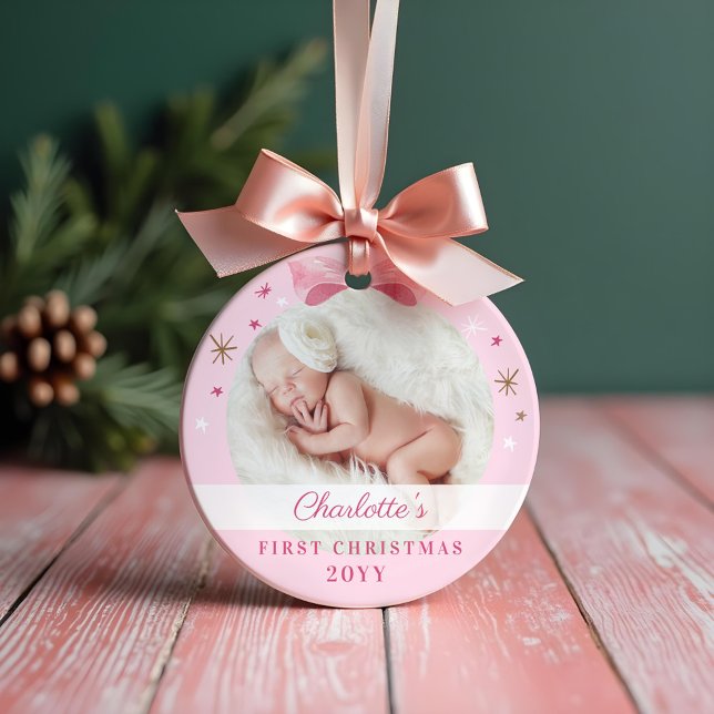 Baby First Christmas Rose Bow & Stars (Baby First Christmas Pink Bow & Stars Ornament)