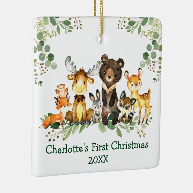 Baby First Christmas Rustic Animals Greenery PHOTO Ceramic Ornament (Right)