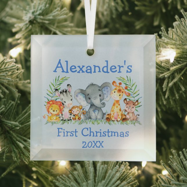 Baby First Christmas Safari Animals Blue Glass Ornament (Insitu)