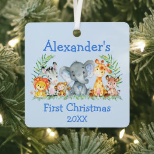 Baby First Christmas Safari Animals Blue Metal Ornament