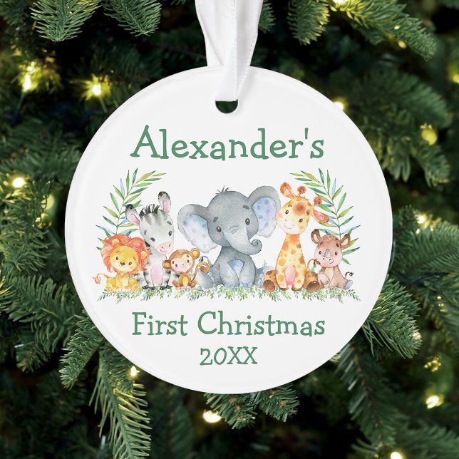 Baby First Christmas Safari Animaux Green Round (Customize with name and year.)