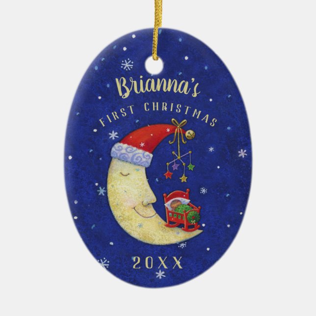 Baby First Christmas Santa Moon Monogram Name Ceramic Ornament (Front)