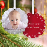 Baby First Christmas Snowflake Grandparents Script Ornament Card<br><div class="desc">“My first Christmas.” A playful visual of white snowflakes and handwritten script typography with customized name and year, overlaying the photo of your choice, help you usher in Christmas and New Year. On the back, additional white snowflakes and handwritten typography with “proud nana & papa” & customizable baby stats overlay...</div>