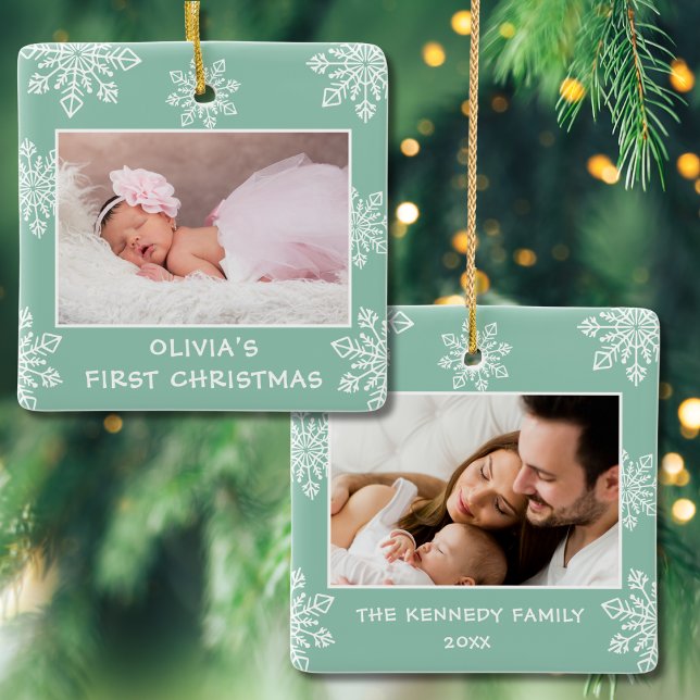 Baby First Christmas Snowflakes 2 Photo Mint Green Ceramic Ornament (Creator Uploaded)