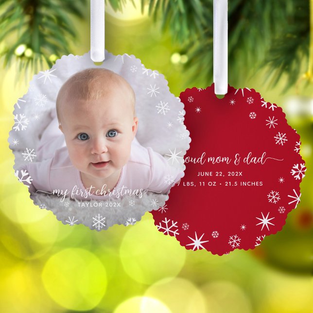 Baby First Christmas Snowflakes New Parents Script Ornament Card (Creator Uploaded)