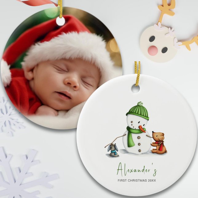 Baby First Christmas Snowman Photo Ceramic Ornament (Creator Uploaded)