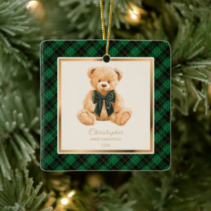 Baby First Christmas Teddy Bear Plaid Photo Ceramic Ornament