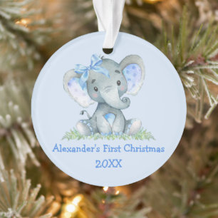 Baby First Christmas Watercolor Elephant Blue Bow Ornament