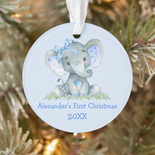 Baby First Christmas Watercolor Elephant Blue Bow Ornament (Tree)
