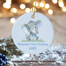 Baby First Christmas Watercolor Elephant Blue