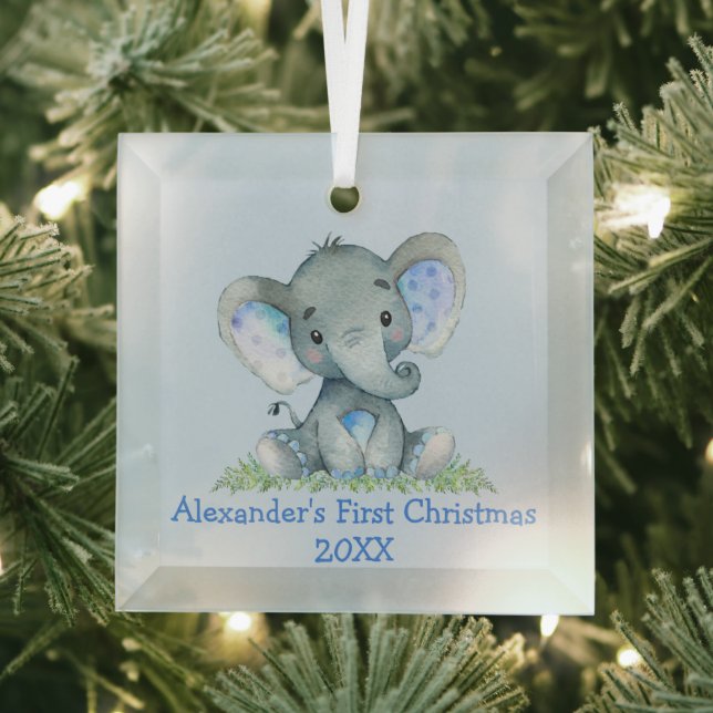 Baby First Christmas Watercolor Elephant Blue Glass Ornament (Insitu)