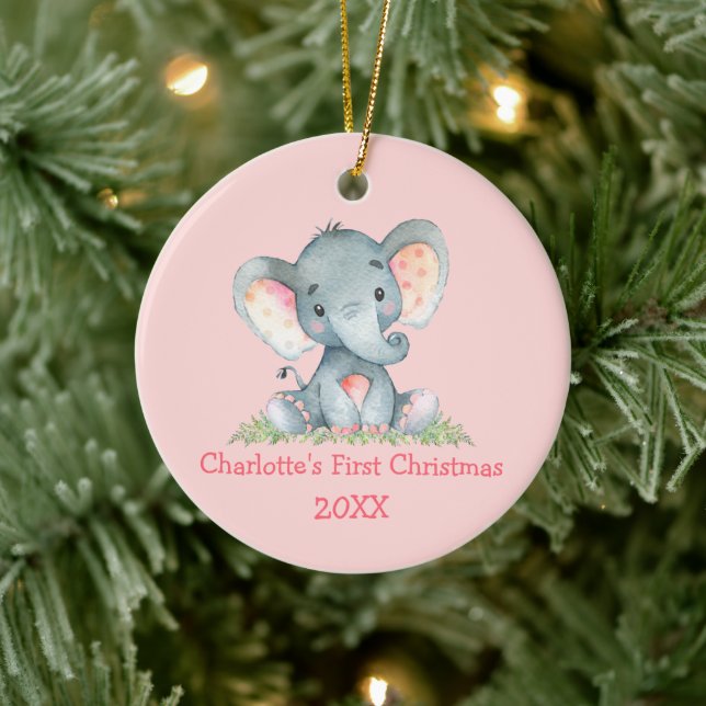 Baby First Christmas Watercolor Elephant Pink Ceramic Ornament (Tree)