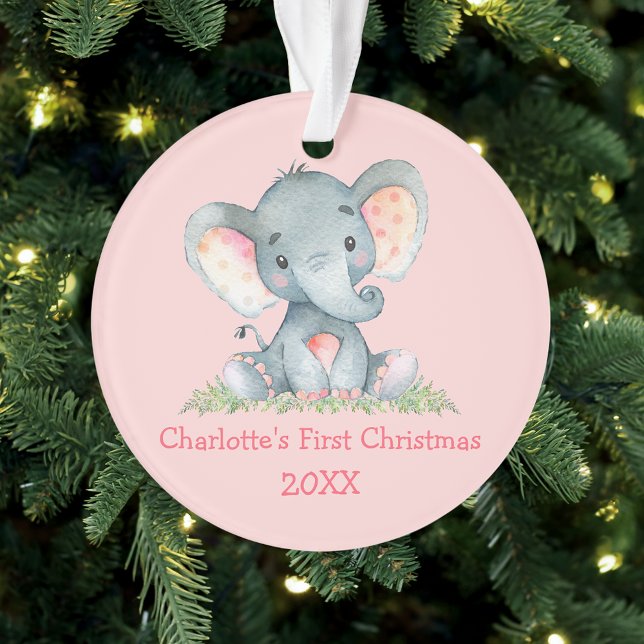 Baby First Christmas Watercolor Elephant Pink Ornament (Customize with name and year.)