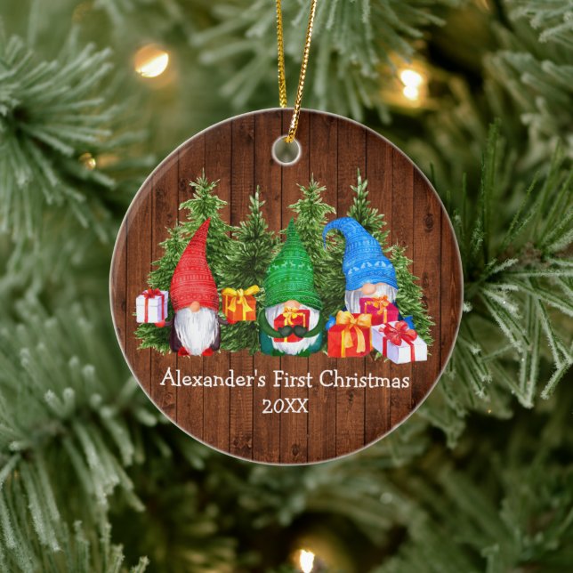 Baby First Christmas Watercolor Gnomes Rustic Ceramic Ornament (Tree)