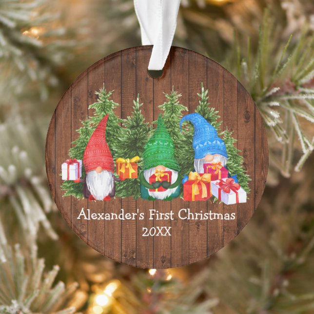 Baby First Christmas Watercolor Gnomes Rustic Ornament (Tree)