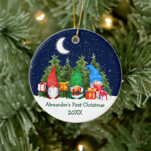 Baby First Christmas Watercolor Gnomes Trees Ceramic Ornament