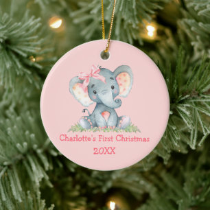 Baby First Christmas Watercolor Pink Bow Elephant Ceramic Ornament