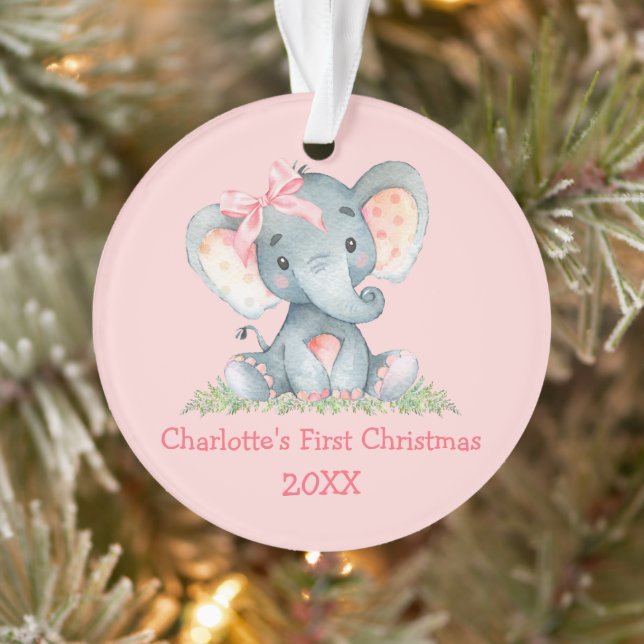 Baby First Christmas Watercolor Pink Bow Elephant  Ornament (Tree)