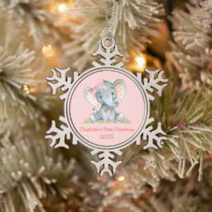 Baby First Christmas Watercolor Pink Bow Elephant Snowflake Pewter Christmas Ornament