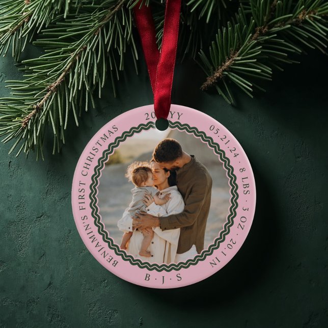 Baby First Christmas Wavy Modern Minimal 2 Photo Ceramic Ornament (Baby First Christmas Wavy Modern Minimal 2 Photo Pink Ceramic Ornament)