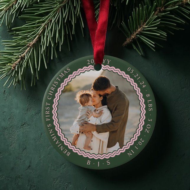 Baby First Christmas Wavy Modern Minimal 2 Photo Ceramic Ornament (Baby First Christmas Wavy Modern Minimal 2 Photo Green Ceramic Ornament)