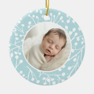 Baby First Christmas Winter Botanical Minimal Blue Ceramic Ornament