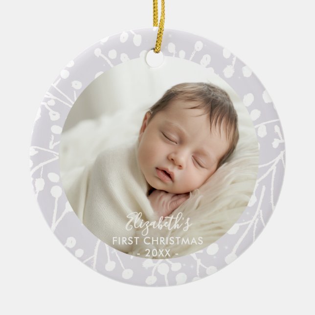Baby First Christmas Winter Pink Botanical Berries Ceramic Ornament (Front)