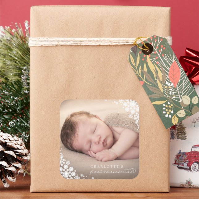 Baby First Christmas Winter Snowflakes Photo Birth Square Sticker (Holiday)