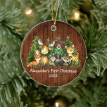 Baby First Christmas Wood Forest Animals Green Bow Ceramic Ornament<br><div class="desc">Baby's First Christmas Watercolor Woodland Animals Forest Animals Ornament. Baby Animals include Bear with Green Bow, Deer, Moose, Raccoon, Bunny Rabbit, Fox and Owl with forest greenery. Add Name. Wood Print.</div>